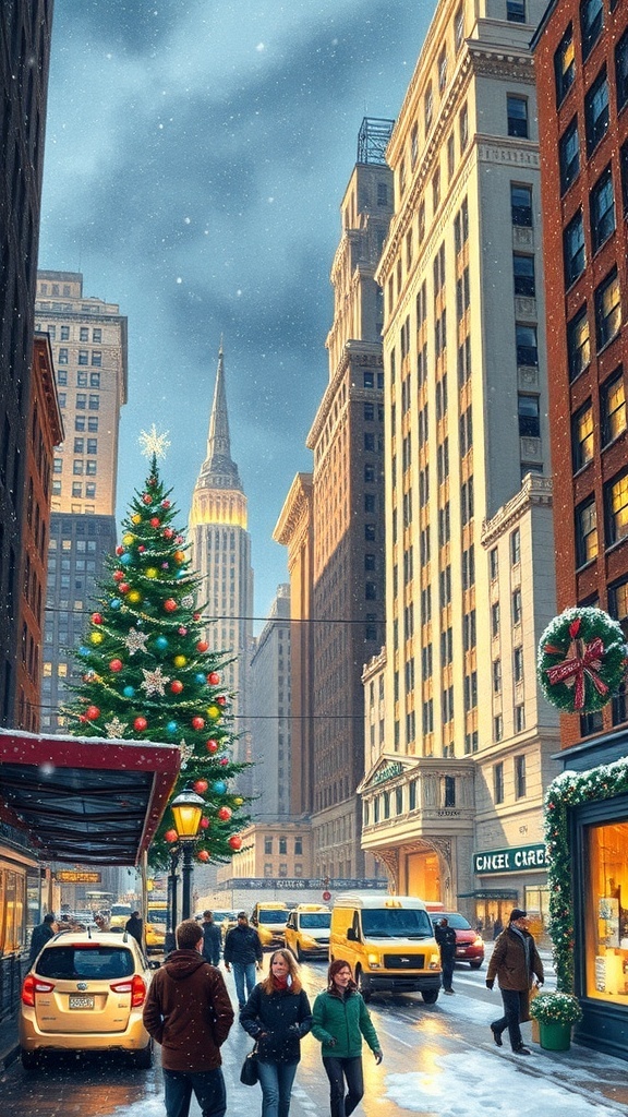 A festive drawing of New York City at Christmas with the Rockefeller Center tree, holiday lights, and snow.